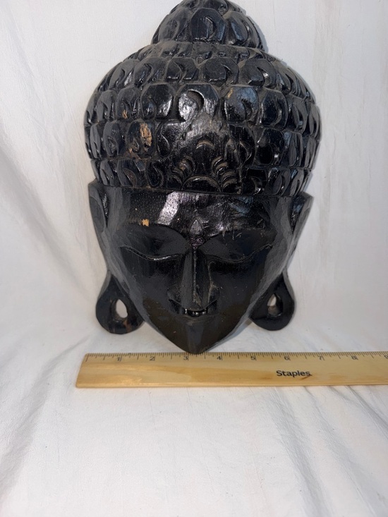 Other - Vintage Hand Carved Wood Buddha Mask Wall Hanging Black Distressed 9.5"
